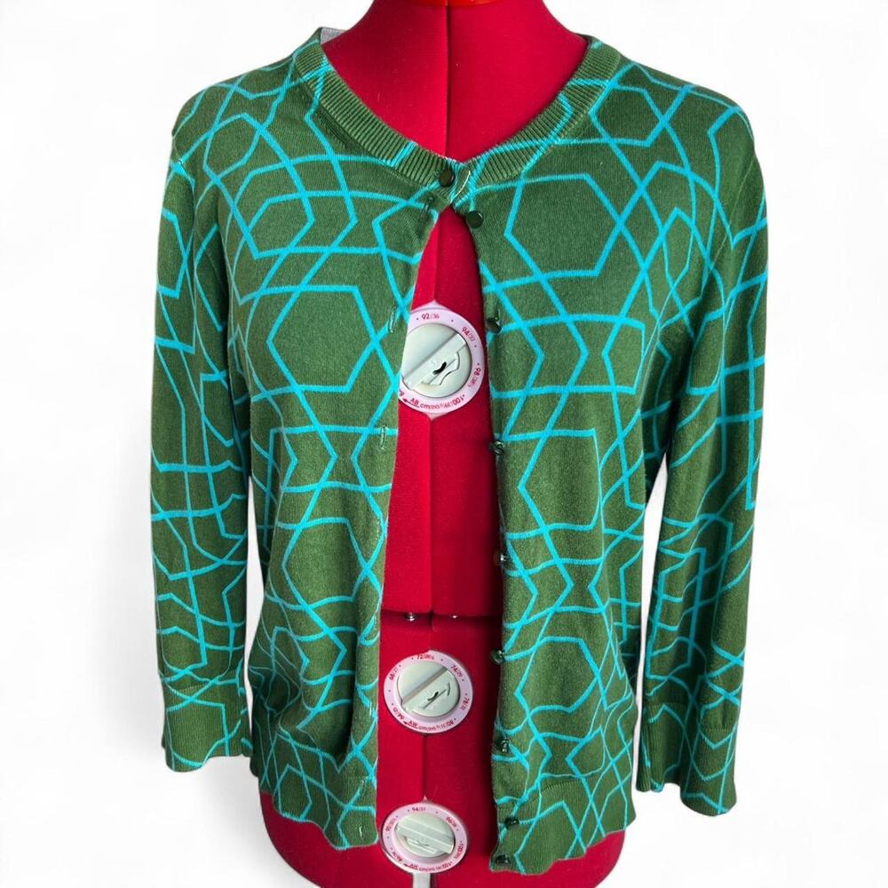 J. Crew Green and Teal Geometric Crewneck Cardigan